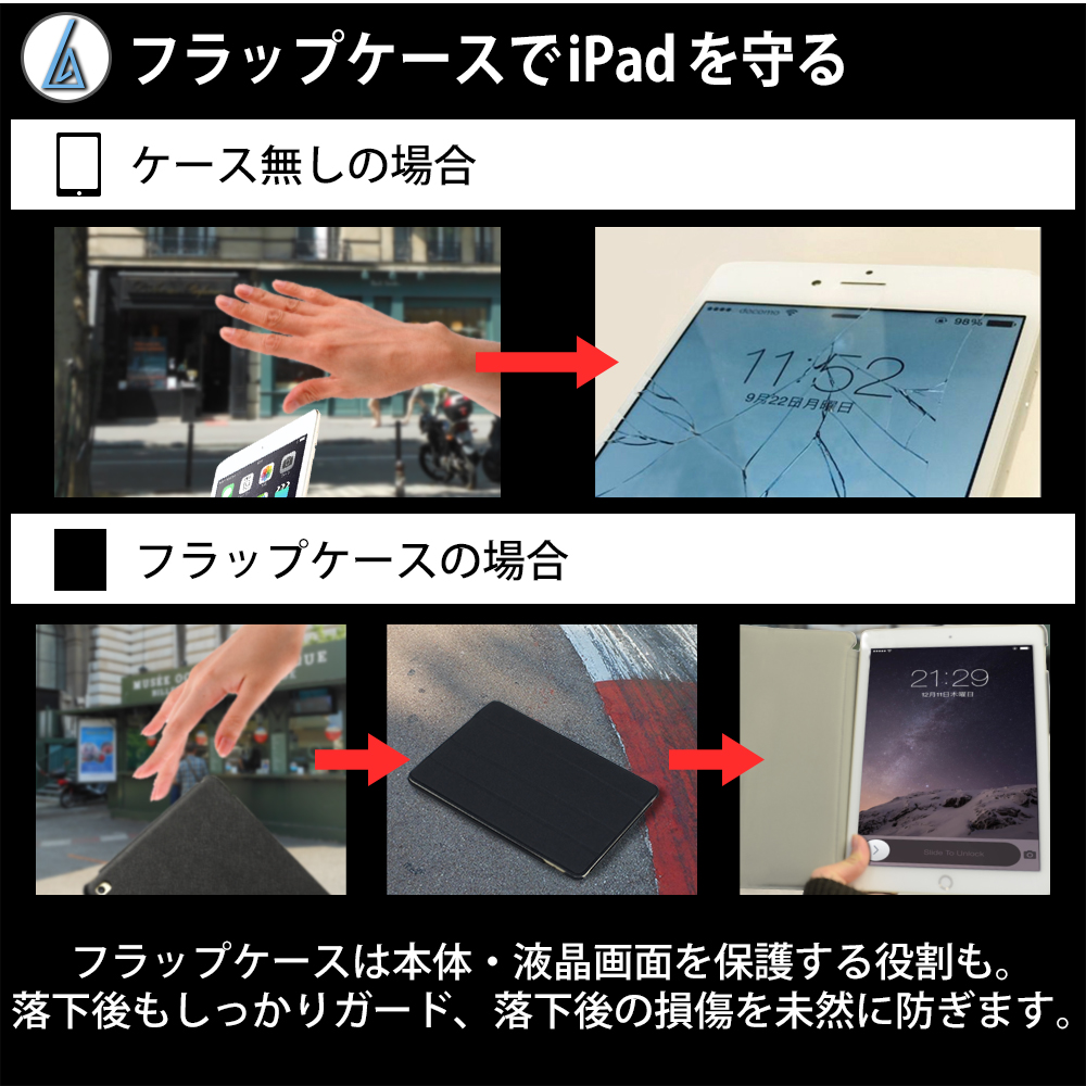 スリムなフラップケースはiPad Air2を立てて使えるスタンド機能付
