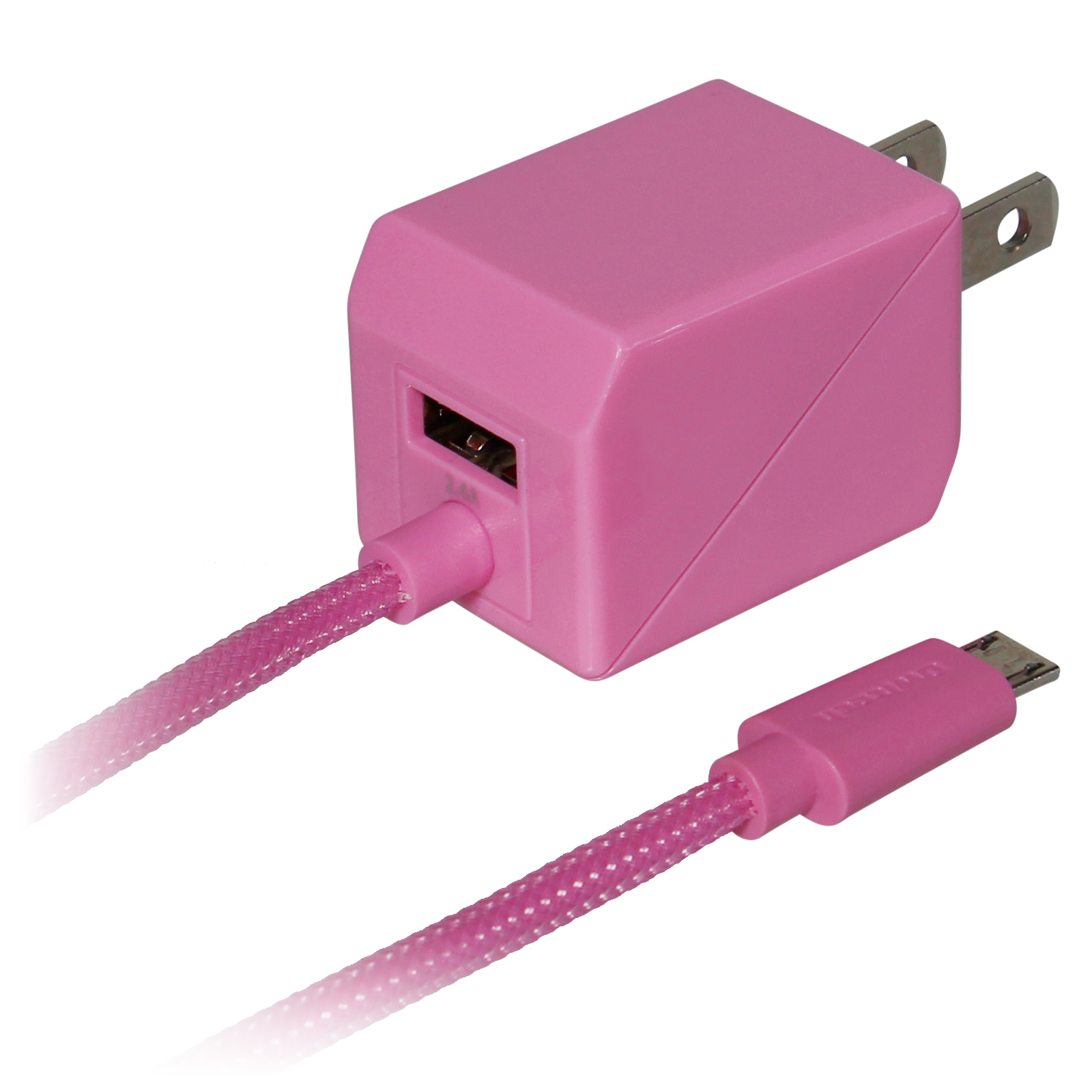 USBポートがコンセントプラグ部分についてUSBコネクタタイプの様々な電化製品に対応可能なAC充電器ピンクカラー