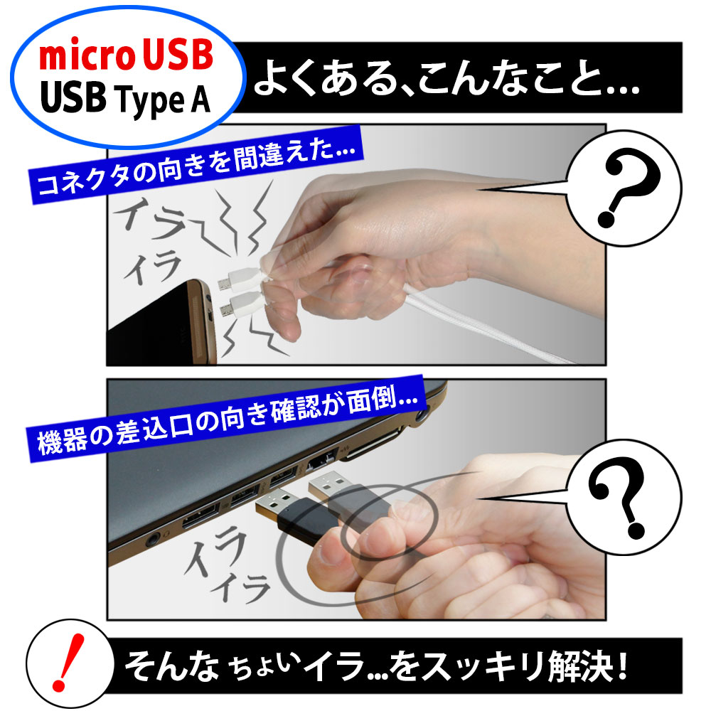 USBケーブルをスマホやパソコンに挿す時、向きに迷って挿しこみできない不満をスッキリ解消