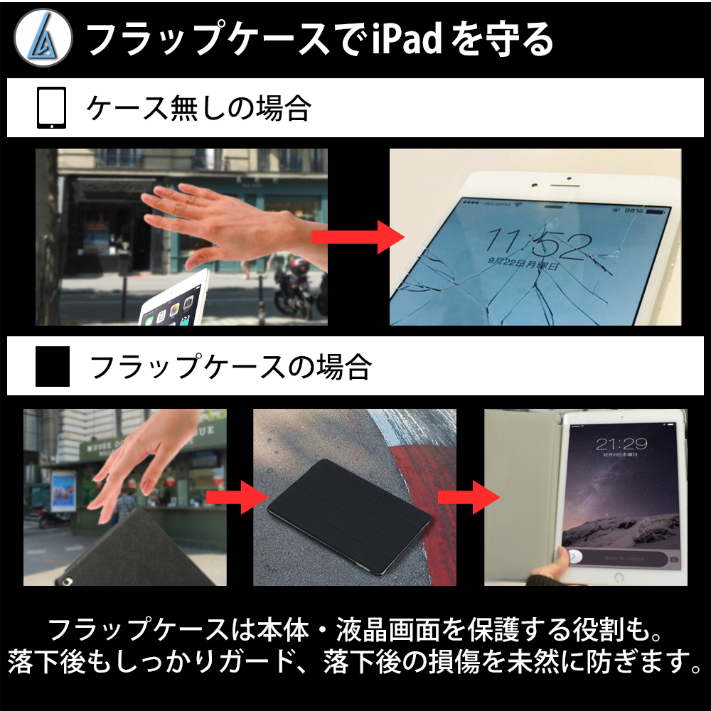 落としても安心の全面保護タイプのフラップケースなので傷や汚れからiPadを守る
