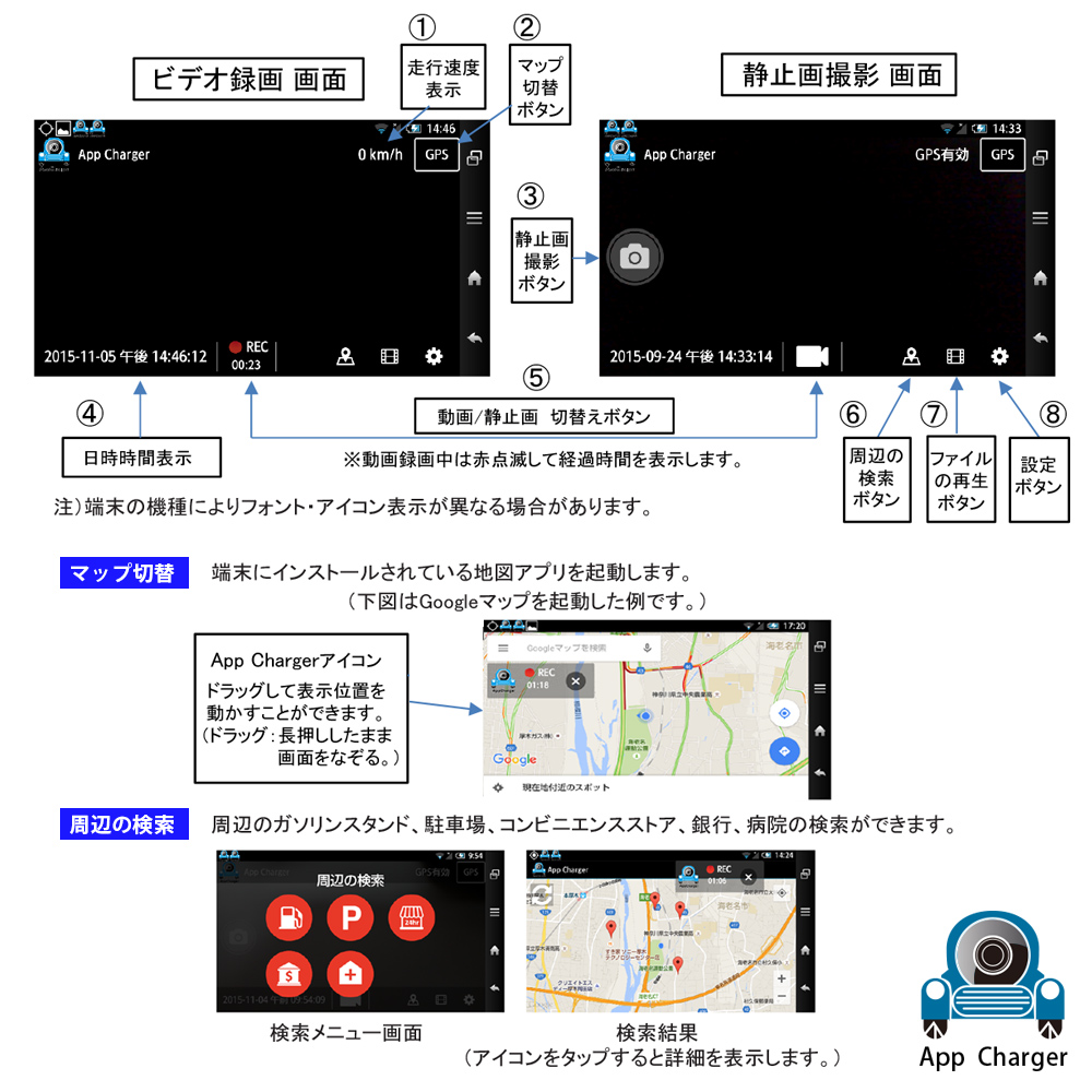 ナビアプリを入れておけば、自動でGPSと連動するので起動もラクラクなドライブレコーダー