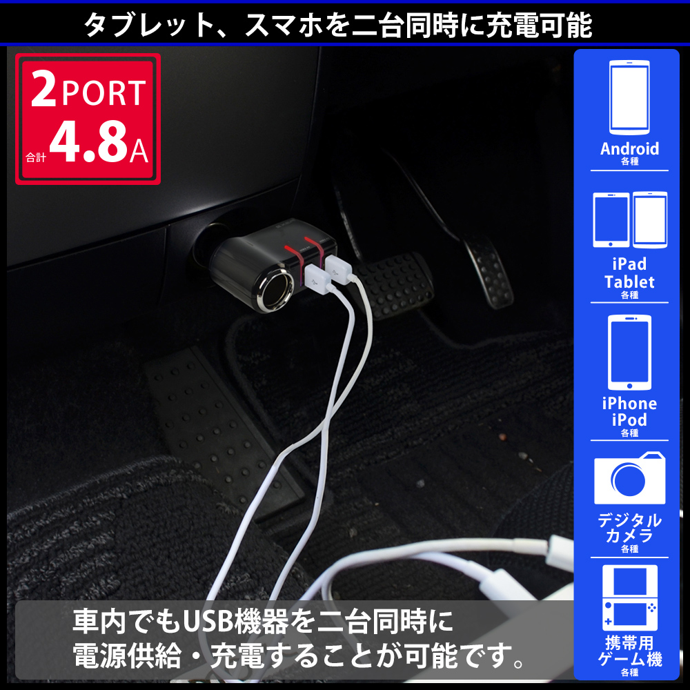 2台同時に充電可能！インジケーター搭載 モニター USBソケット EM-123 