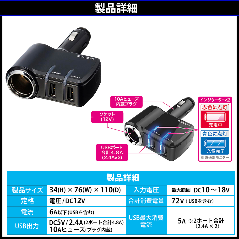 2ポート合計4.8AのUSBを搭載で2台同時に使えて便利なUSBソケット