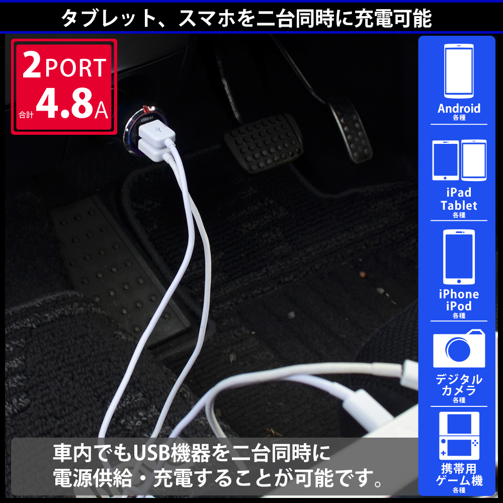 運転中でもひと目で充電状況が分かる安全なUSBポート