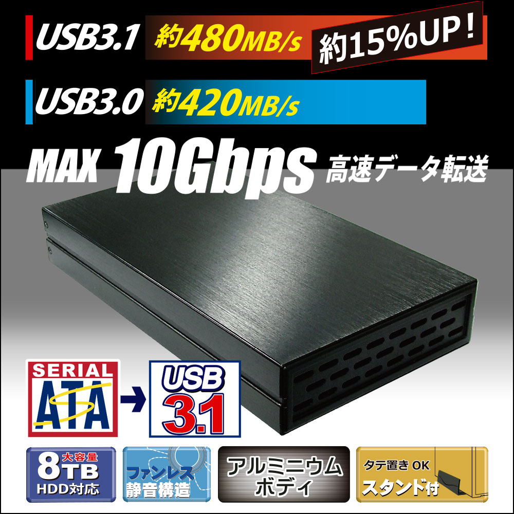 USB3.1の高速データ通信に対応した最大10Gbpsのデータも高速データ転送が可能な外付けHDDケース