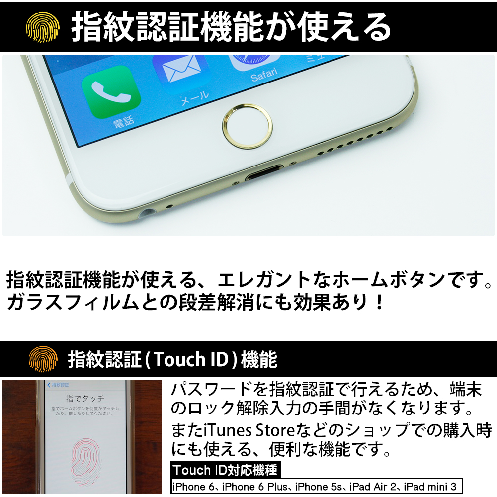 iPhoneシリーズ搭載機能「Touch ID」に対応したホームボタン、ガラスフィルムの段差にもピッタリ対応