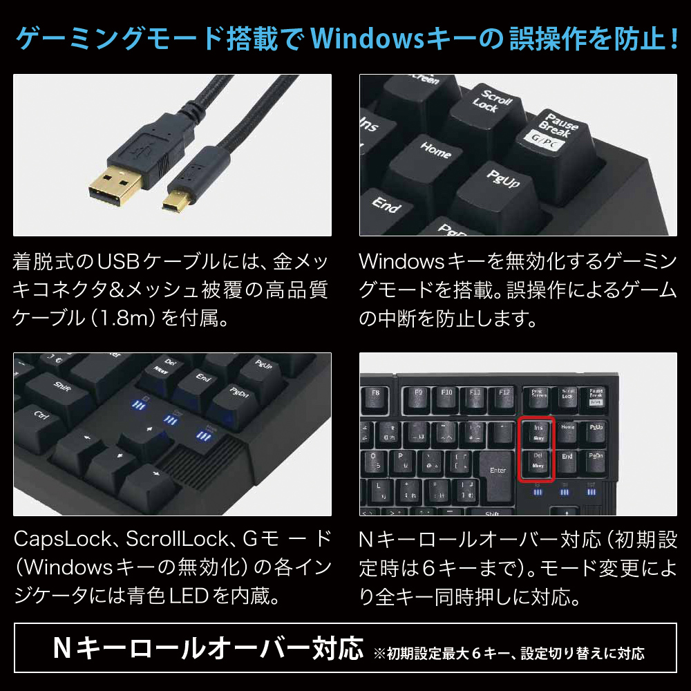 キーボードのFnキーとIns/Delキーを押すことでモード変更により全キー同時押しに対応