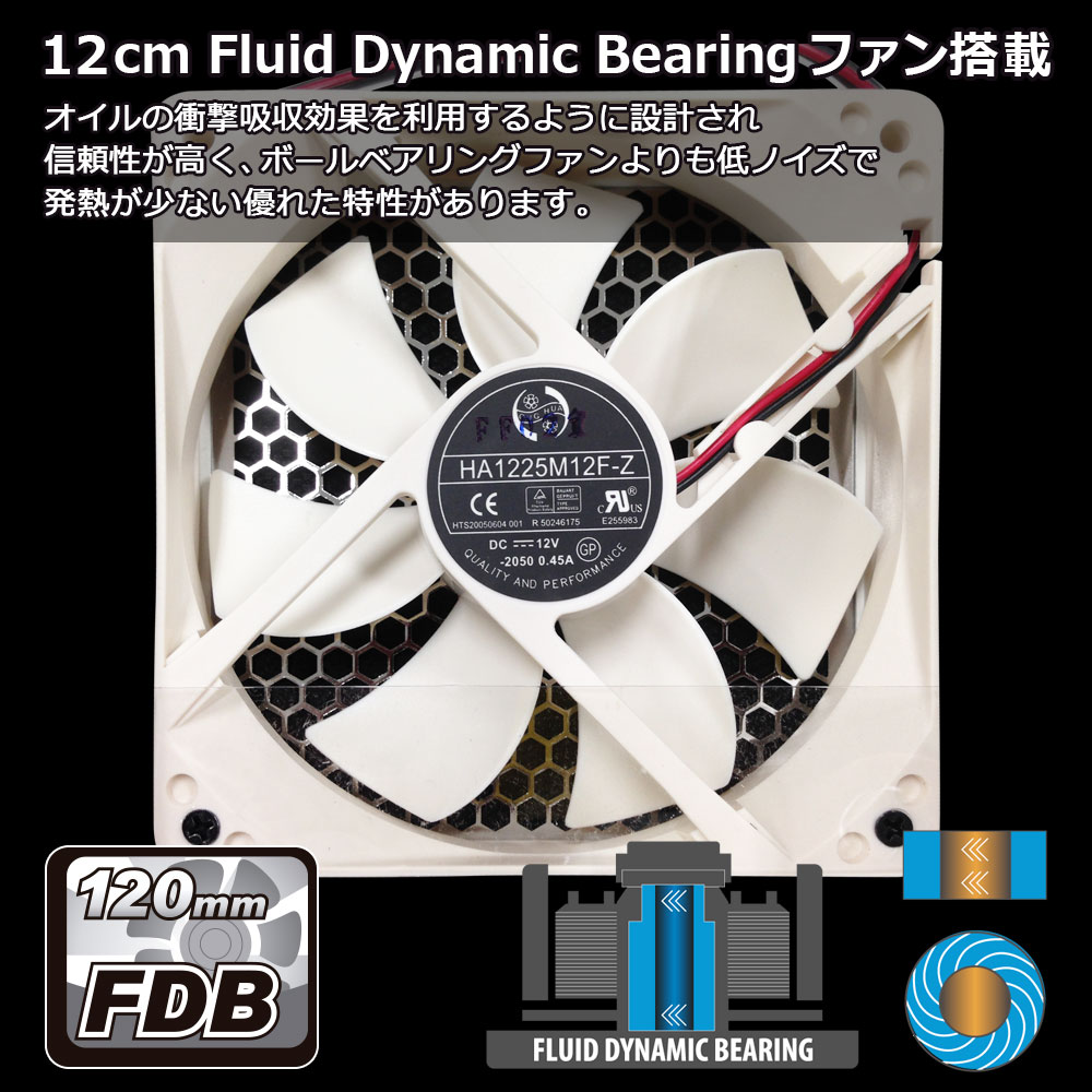 12cm Fluid Dynamic Bearingファン搭載により、ボールベアリングより低ノイズな750WPC電源