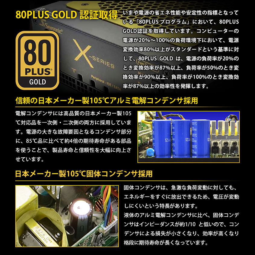 信頼の日本メーカー製105℃アルミ電解コンデンサを採用